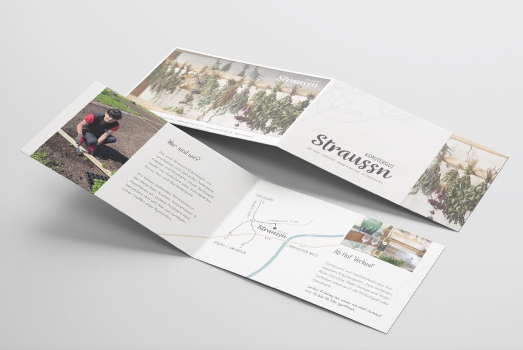 User Experience & Grafikdesign - Straussn-Kräutergut Folder: Eine Informationsbroschüre über das Unternehmen, Leistungen und Anfahrt