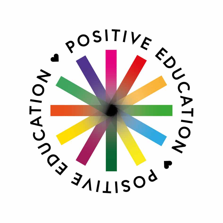 Logo Positive Education. Zwölf bunte Strahlen vom Kreis inneren nach außen laufend, welche die einzelnen Disziplinen des Projektes symbolisieren. Das Projekt wurde für die Donau Universität Krems umgesetzt.